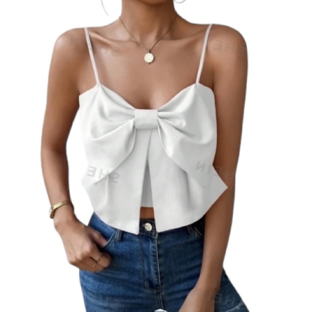SHEIN white bow front spaghetti strap smocked elastic crop top size small